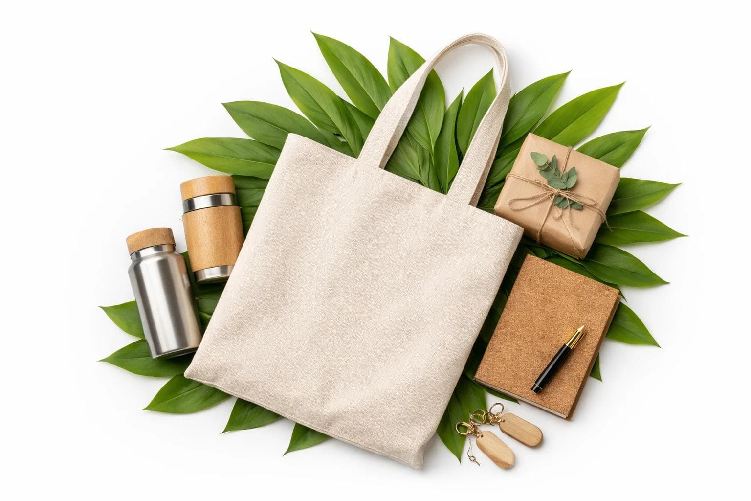 Reusable tote bag, drinkware and stationery arranged with green leaves